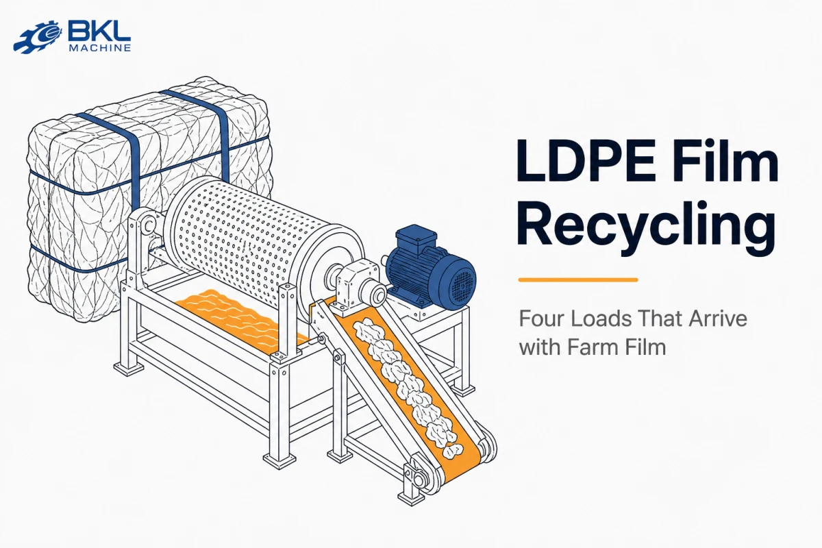 Diagram of a baled agricultural film load feeding a perforated pre-wash drum