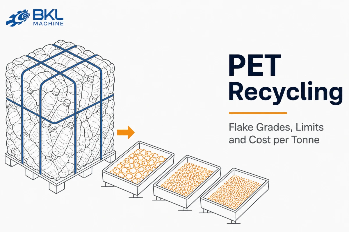 Diagram of a baled PET bottle cube beside three trays of increasingly fine flake