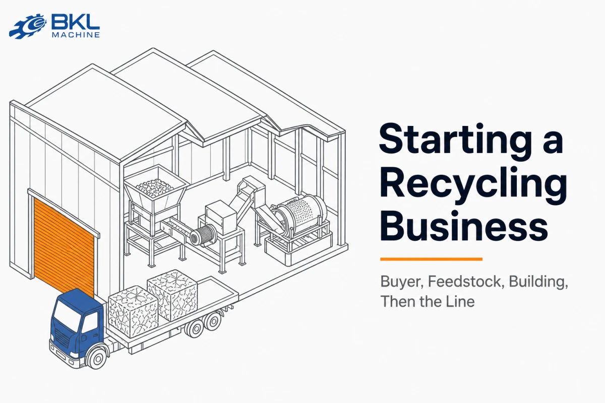 Diagram of a small recycling plant with a washing line inside and a truck of bales outside