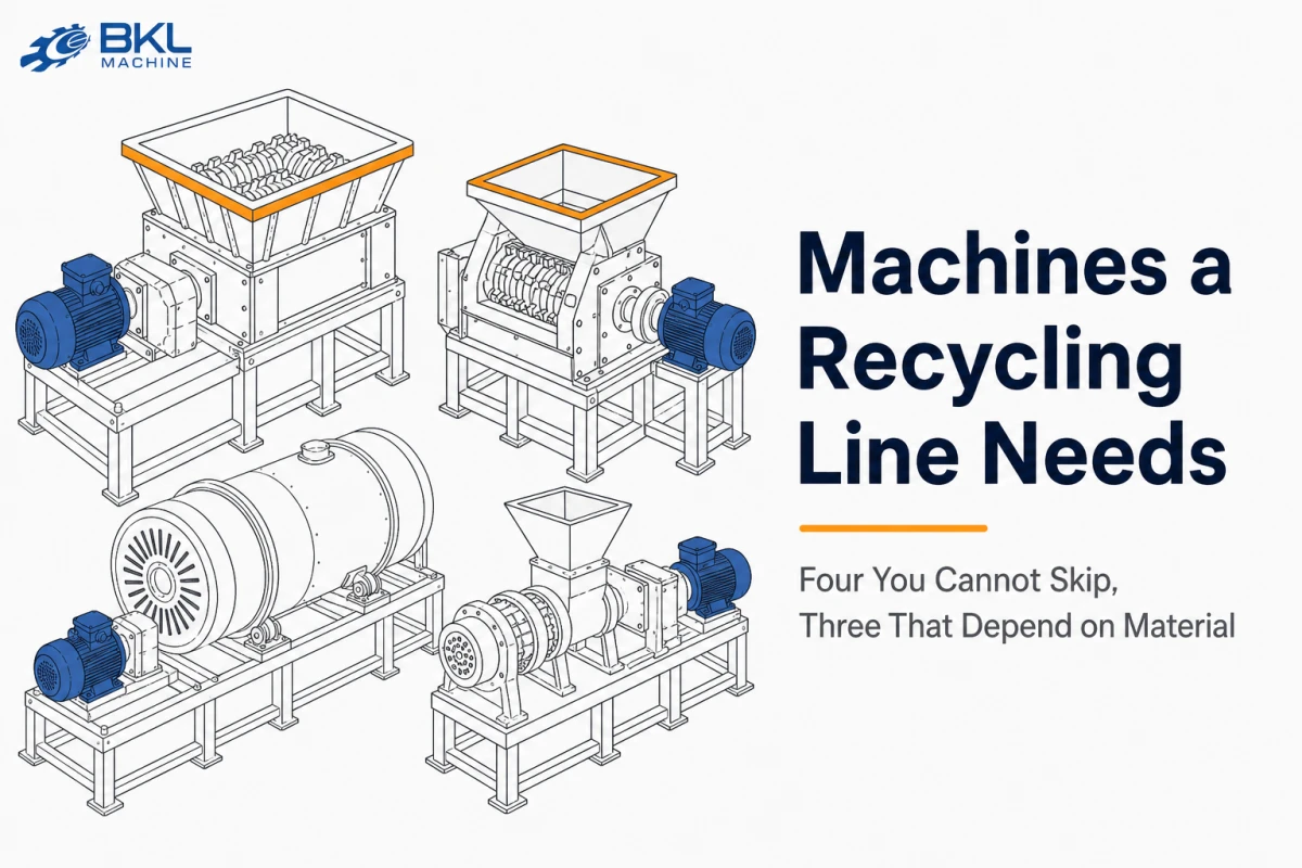 Diagram of four recycling machines: shredder, crusher, dryer and pelletizing extruder