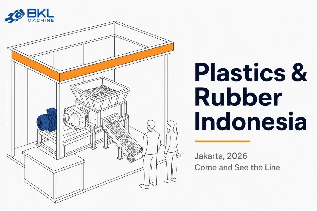 Diagram of a BKL-MACHINE exhibition stand showing a shredder to two visitors
