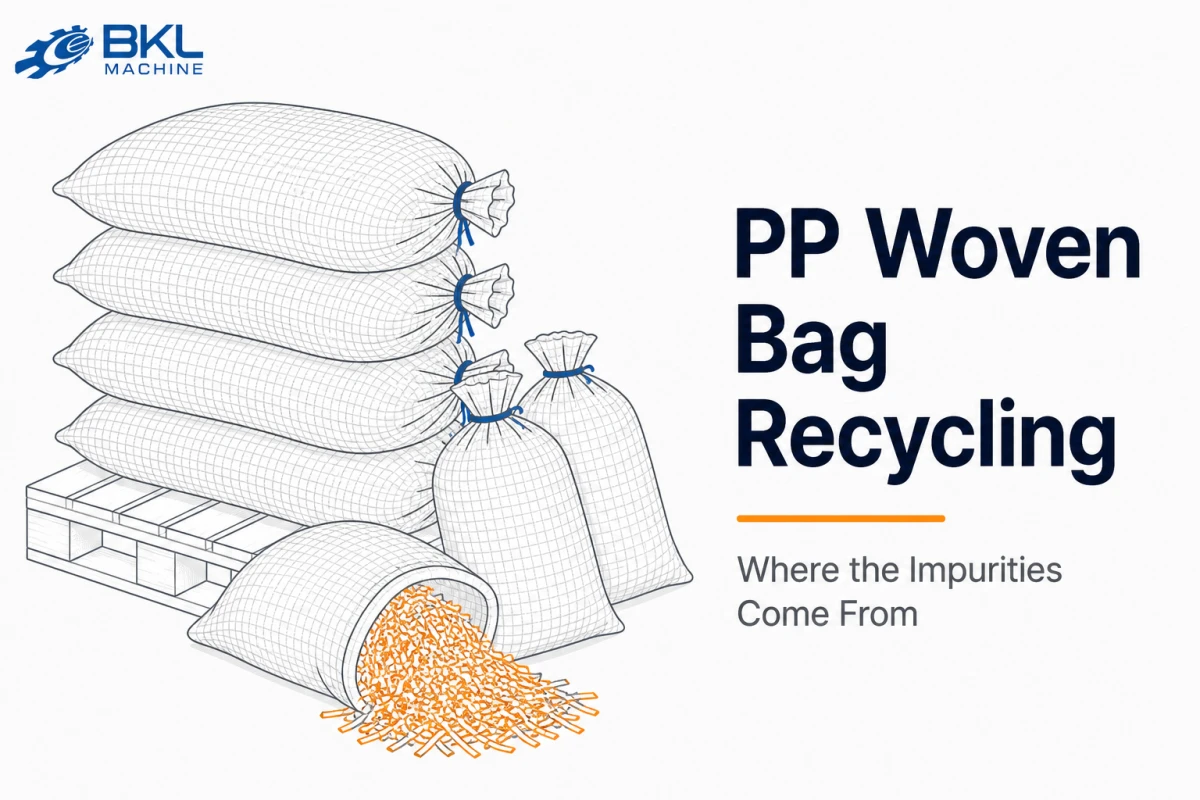 Diagram of stacked PP woven sacks on a pallet with one cut open spilling shredded strips