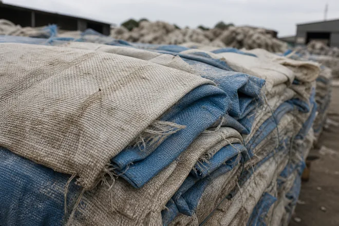 Used PP woven polypropylene bags stacked for recycling