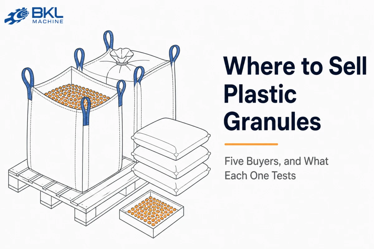 Diagram of bulk bags and sacks of recycled plastic granules stacked on a pallet