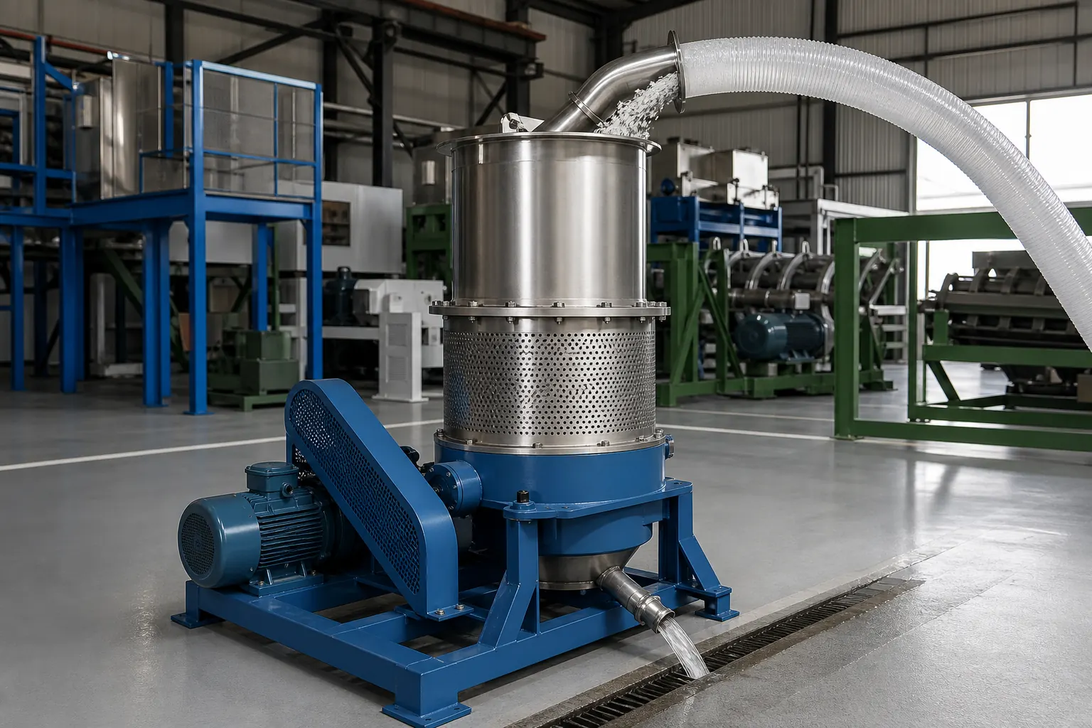 Centrifugal dryer removing water from washed plastic flake at BKL-MACHINE
