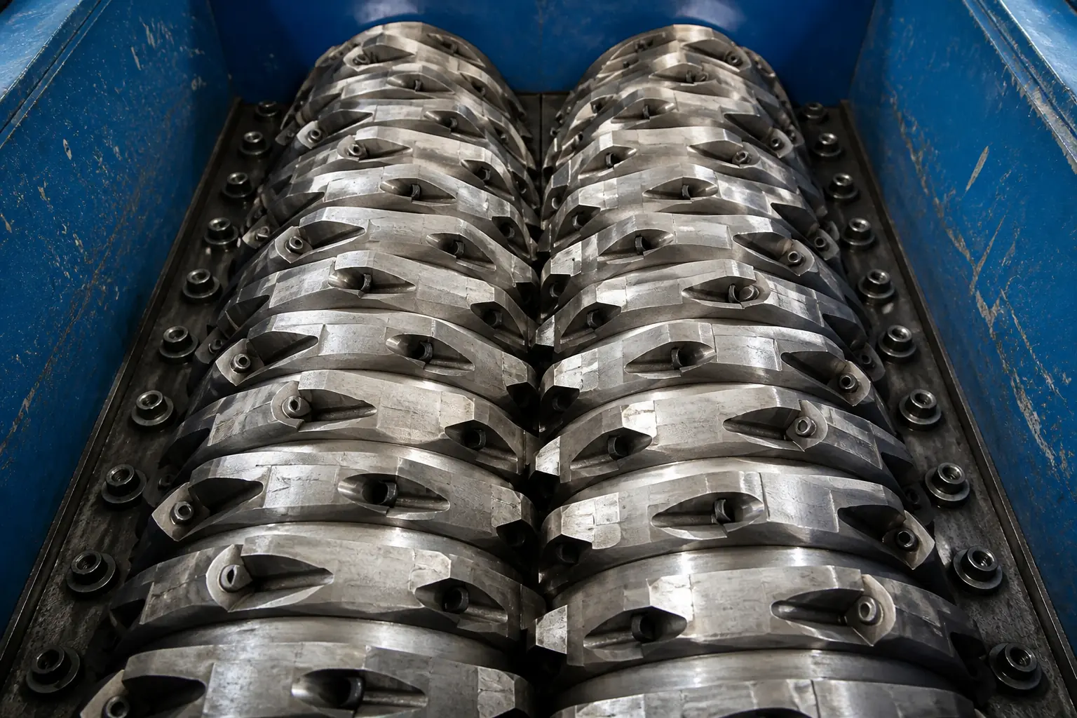 Twin-shaft shredder rotors with intermeshing cutting discs at BKL-MACHINE