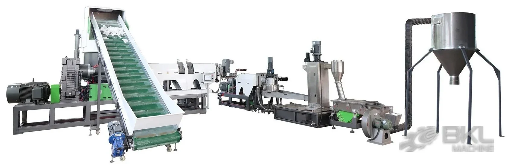 Complete plastic pelletizing line with cutter compactor laid out end to end