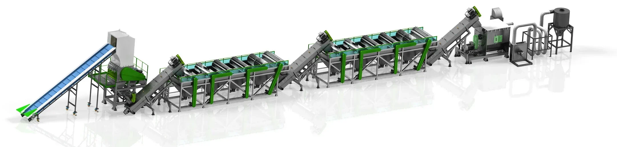 Complete plastic film washing and recycling line laid out end to end