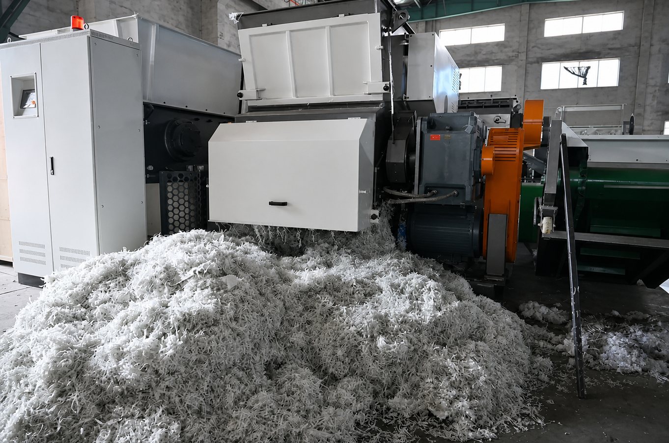 Trial running a plastic recycling machine before shipment inspection