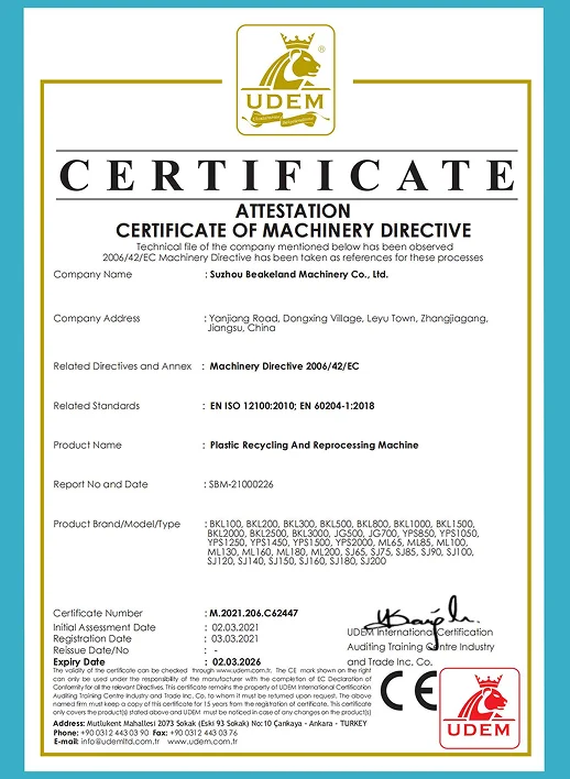 UDEM CE certificate for plastic recycling and reprocessing machines under Machinery Directive 2006/42/EC