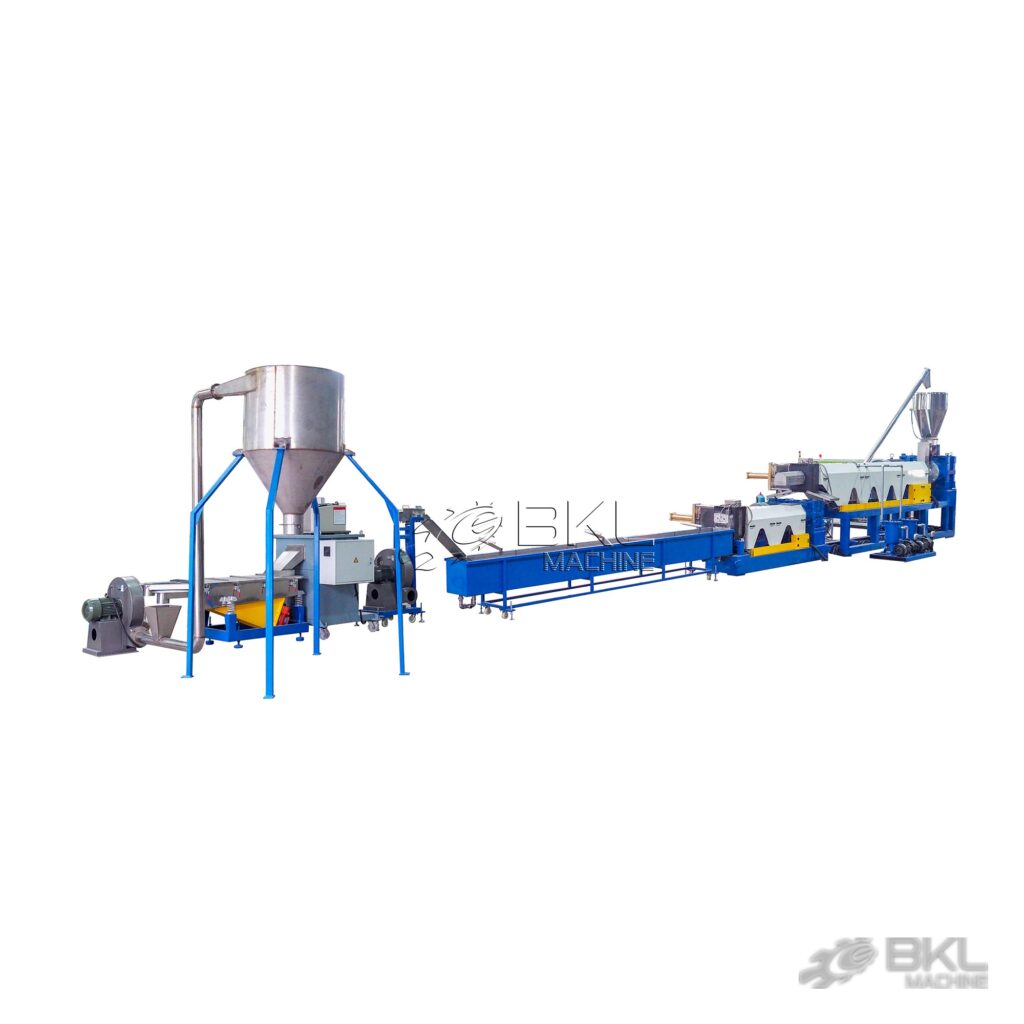 Complete SJ pelletizing line layout with extruders, long water cooling trough, vibrating screen and silo