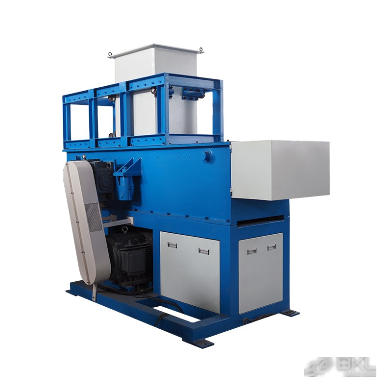 Blue single-shaft shredder with a vertical feed chute on an open top frame and side-mounted belt drive