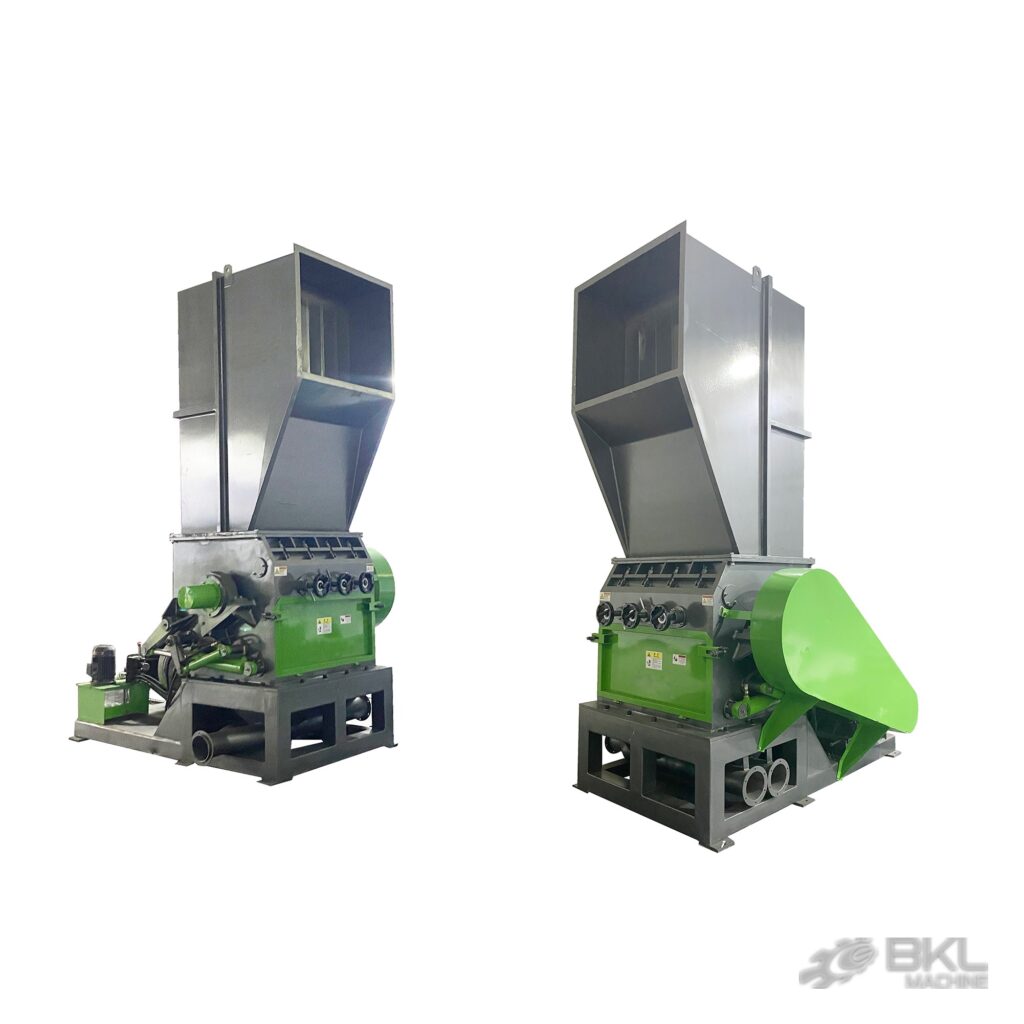 HVC crusher seen from both sides showing the hydraulic hopper lift and the belt guard