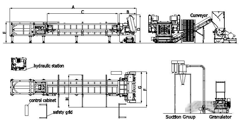 Dimensioned layout drawing of the LPS pipe shredder line labelling hydraulic station, conveyor and granulator