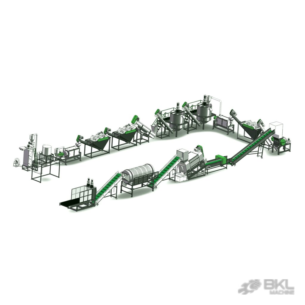3D layout of a complete PET bottle washing line from bale infeed through hot wash tanks to drying