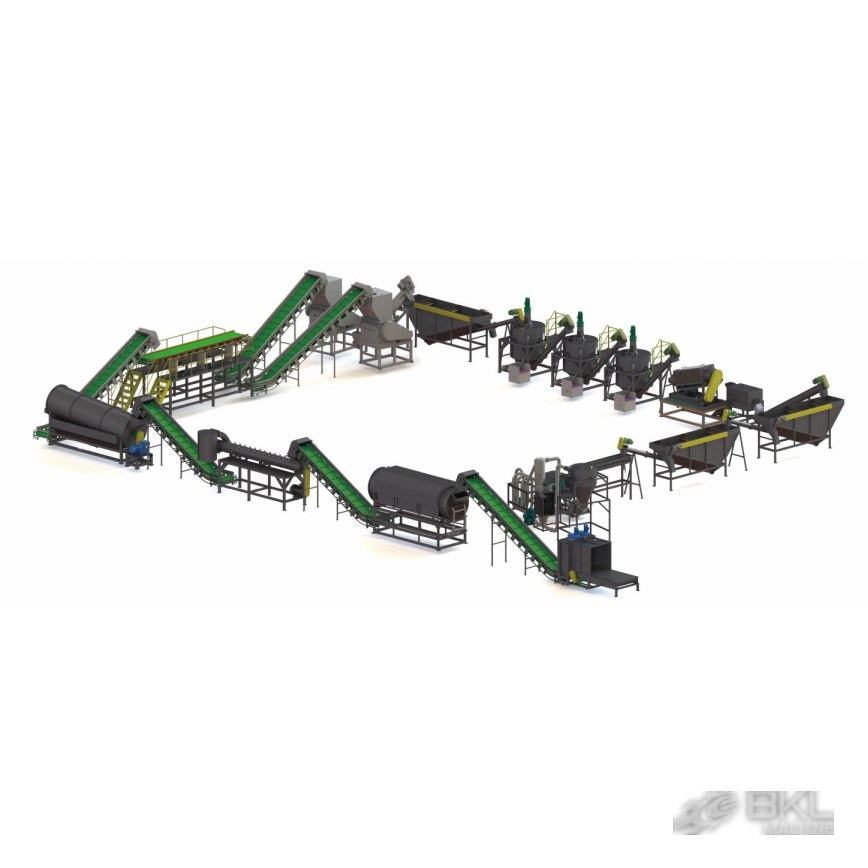 U-shaped 3D layout of a PET washing line with debaler, sorting platform and three hot wash tanks