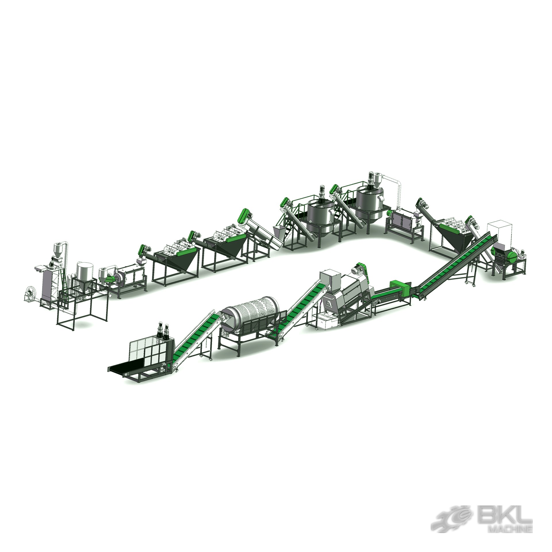 3D layout of a complete PET bottle washing line from bale infeed through hot wash tanks to drying