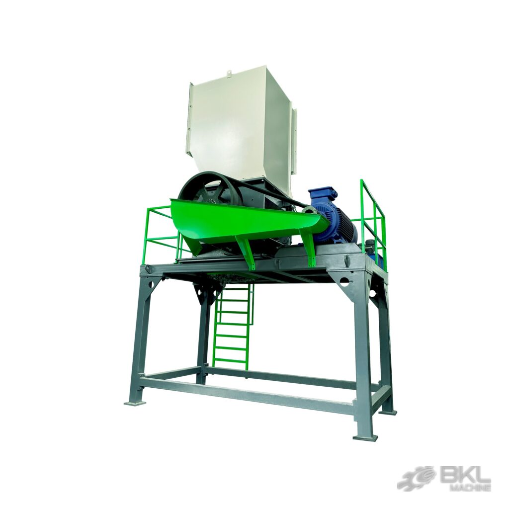 HVC plastic crusher with green side feed chute, belt-driven flywheel and blue main motor