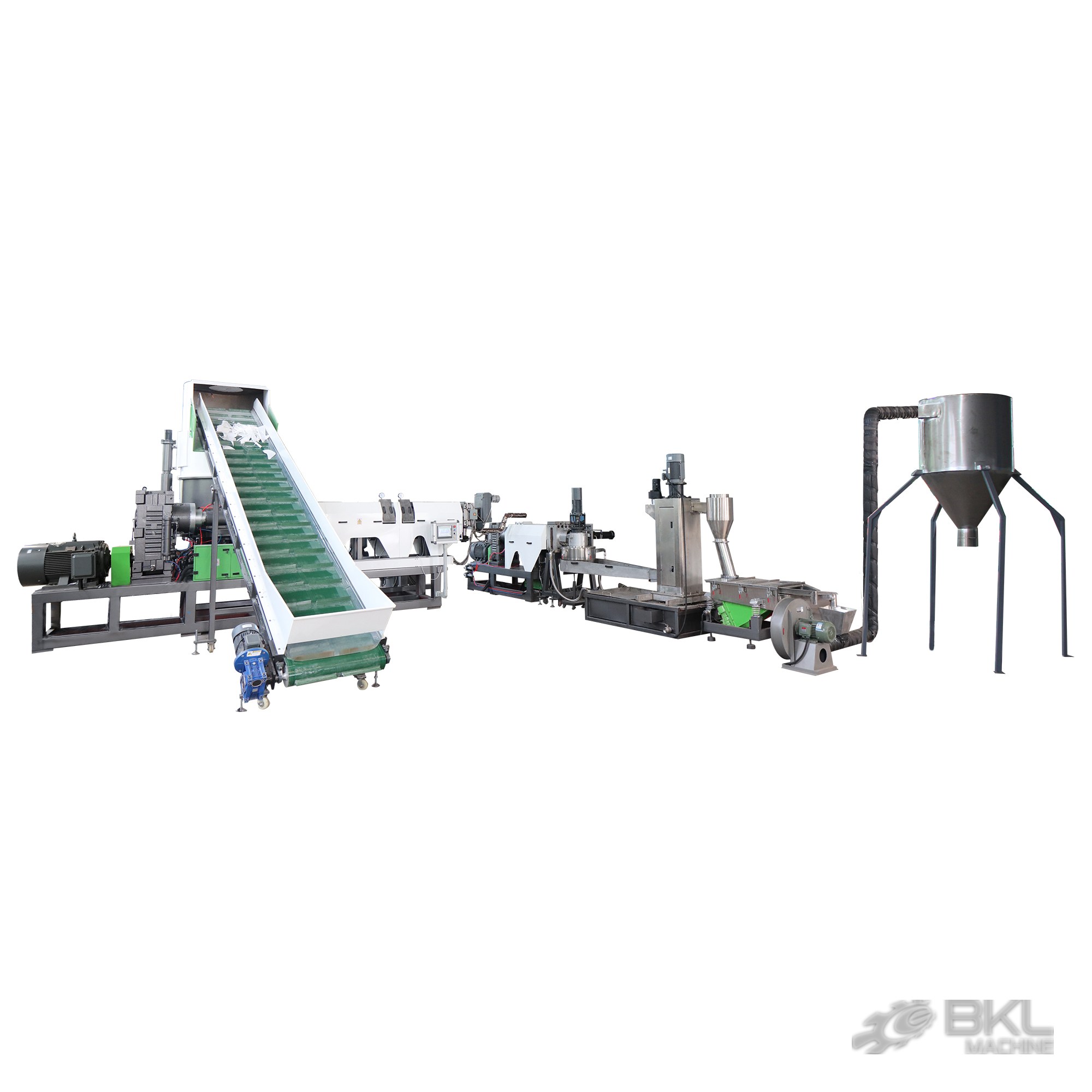 ML pelletizing line with cutter compactor, green infeed conveyor carrying film scrap and stainless silo