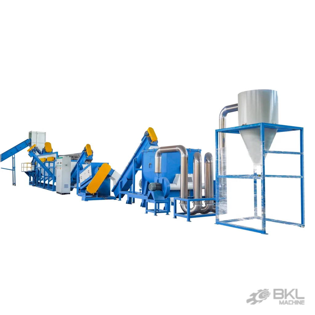 Blue film washing line with yellow-guarded screw conveyors, stainless drying pipe loops and cyclone silo