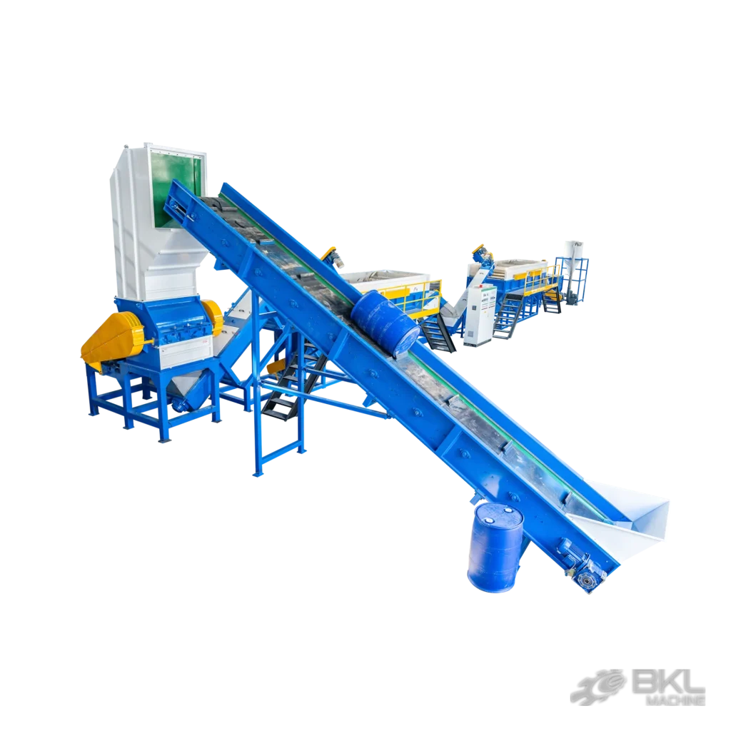 Blue plastic drums travelling up the infeed belt into the crusher of a rigid plastic washing line