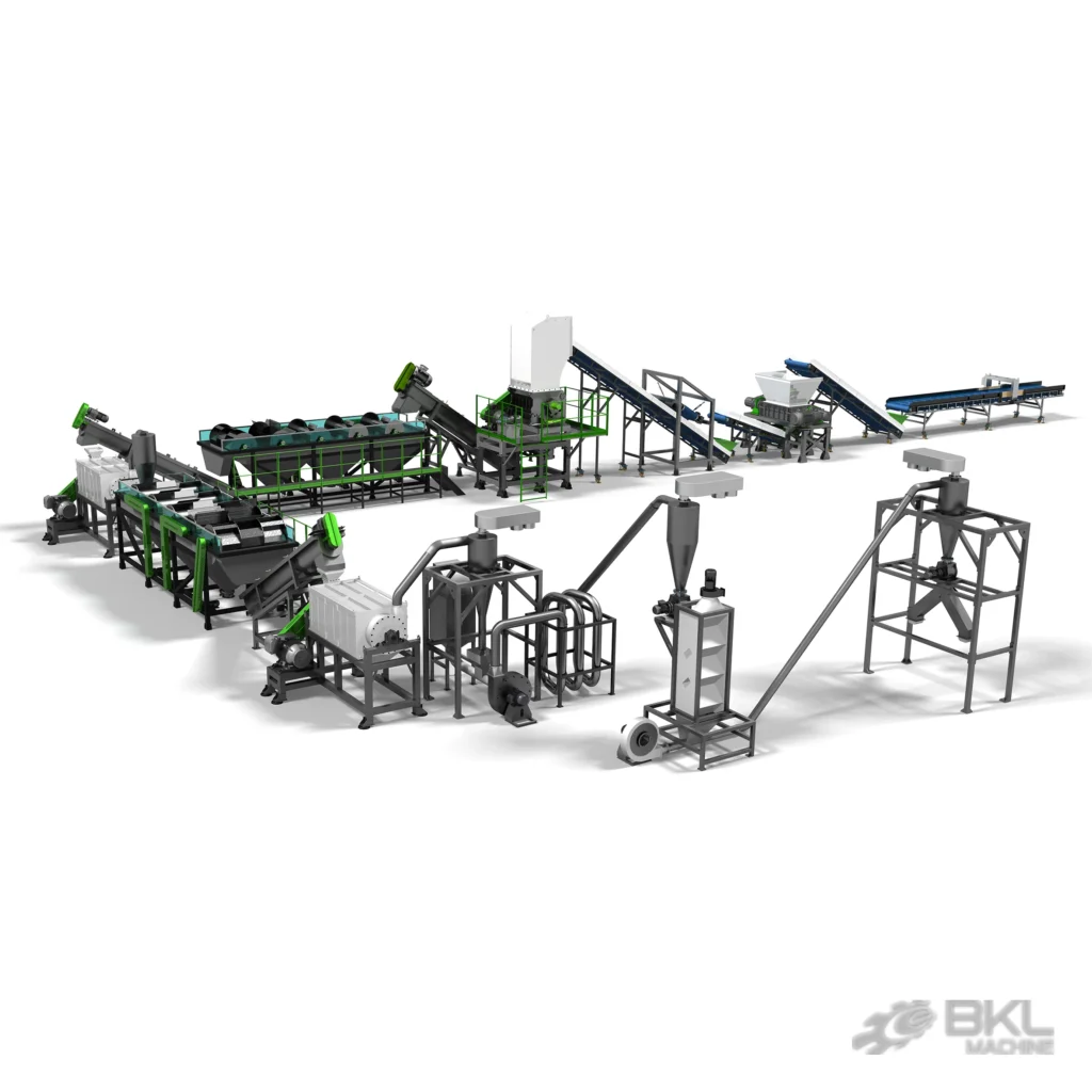 Isometric plant layout render of an HDPE and PP rigid washing line with shredder, wash tanks, dryer and silos
