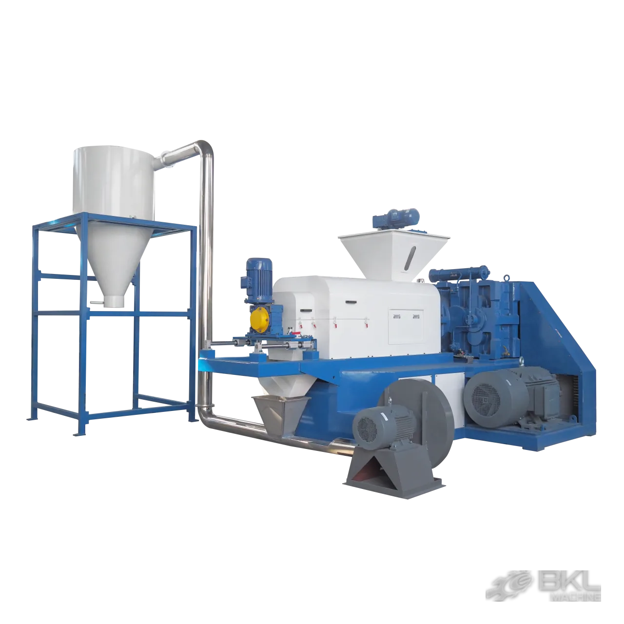 JG plastic squeezer render with white cyclone silo, stainless conveying pipe, feed hopper and blue drive unit