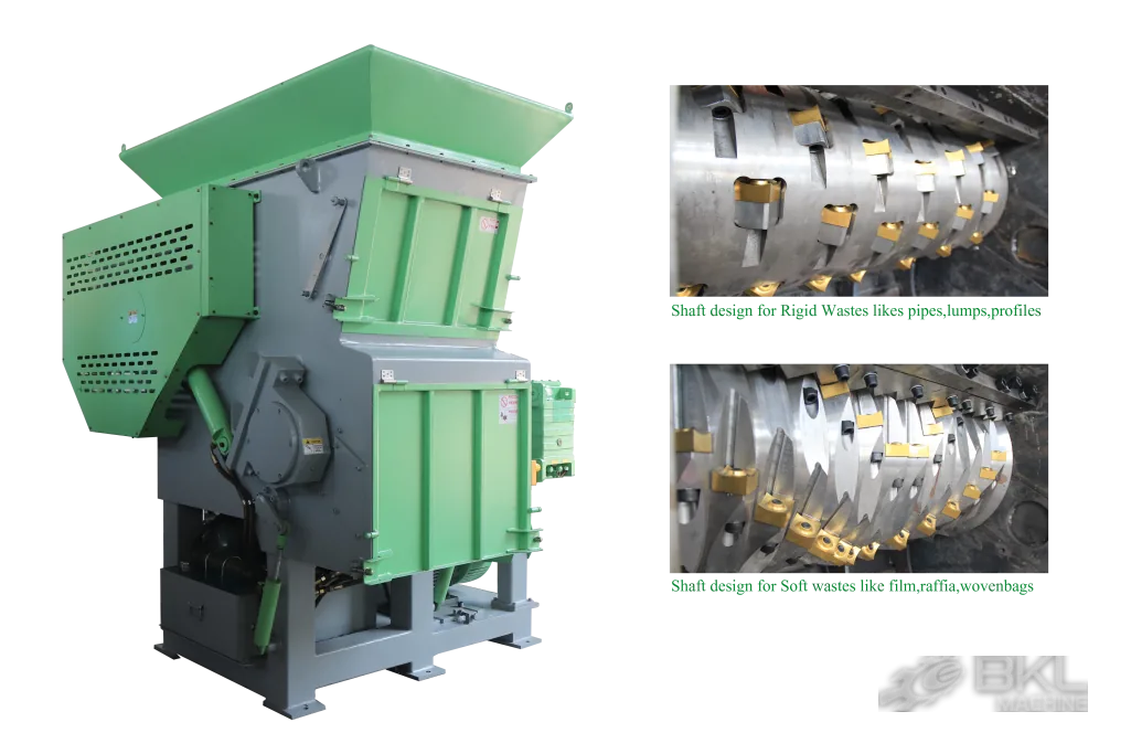 YPS single-shaft shredder with two rotor designs, square blades for rigid waste and angled blades for film