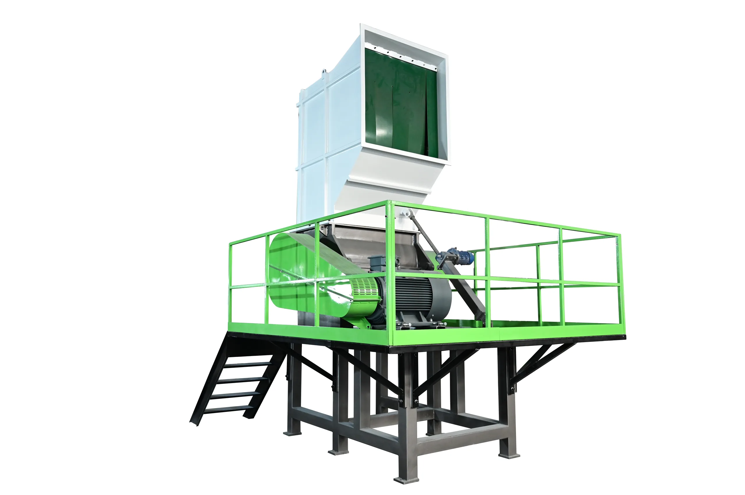 Plastic crusher on a railed working platform with stair access, showing the rubber curtain inside the feed hopper