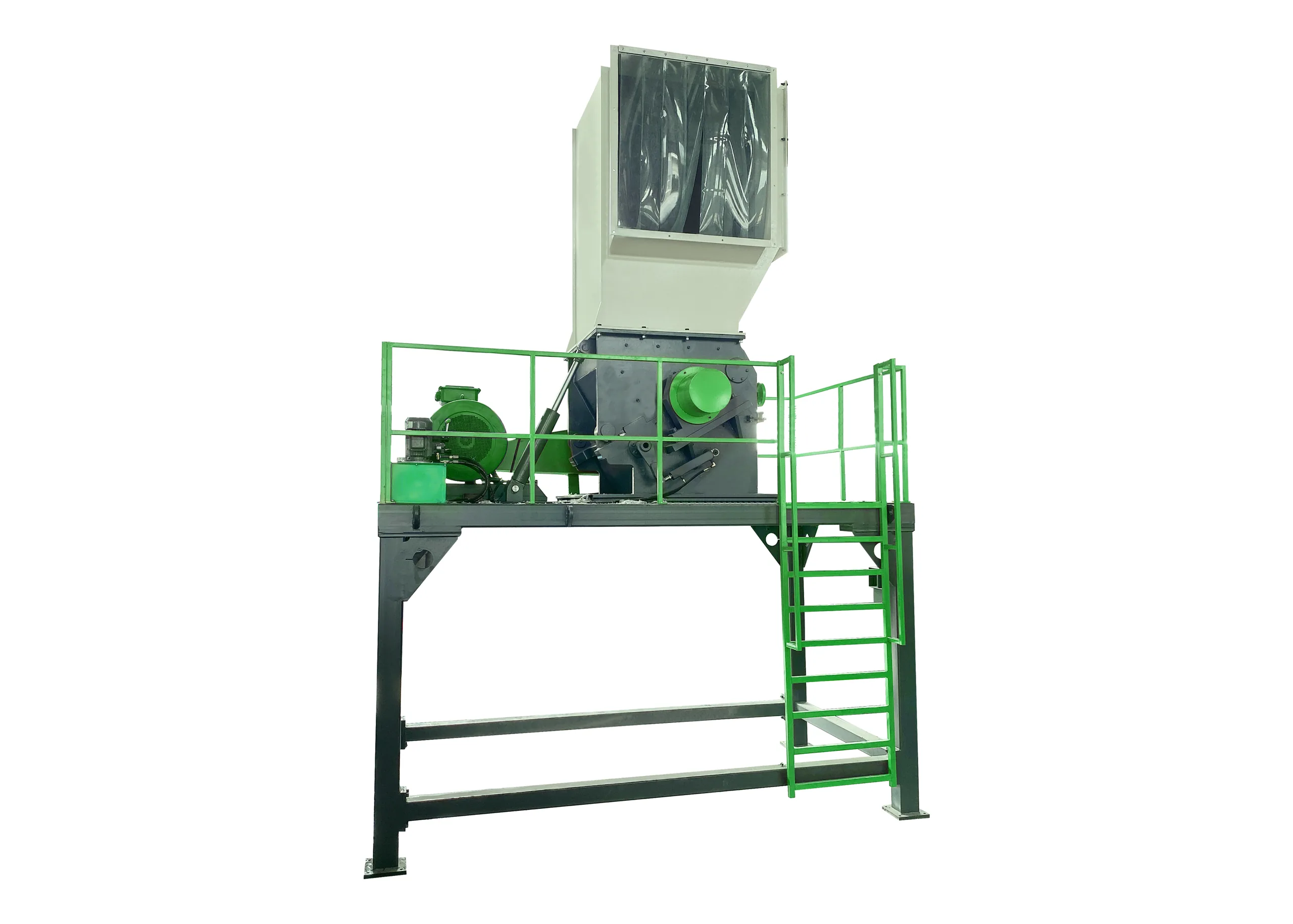 Heavy-duty crusher on a tall open frame with access ladder, flywheel guard and hopper lift cylinder