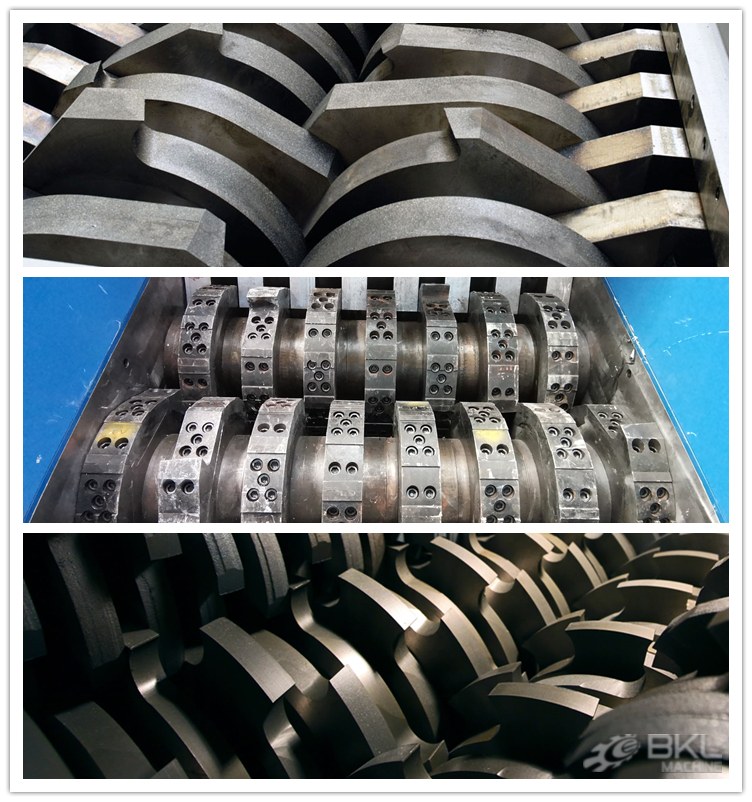 Three-panel detail of twin-shaft cutters showing interlocking hooked blades and bolt-on blade segments