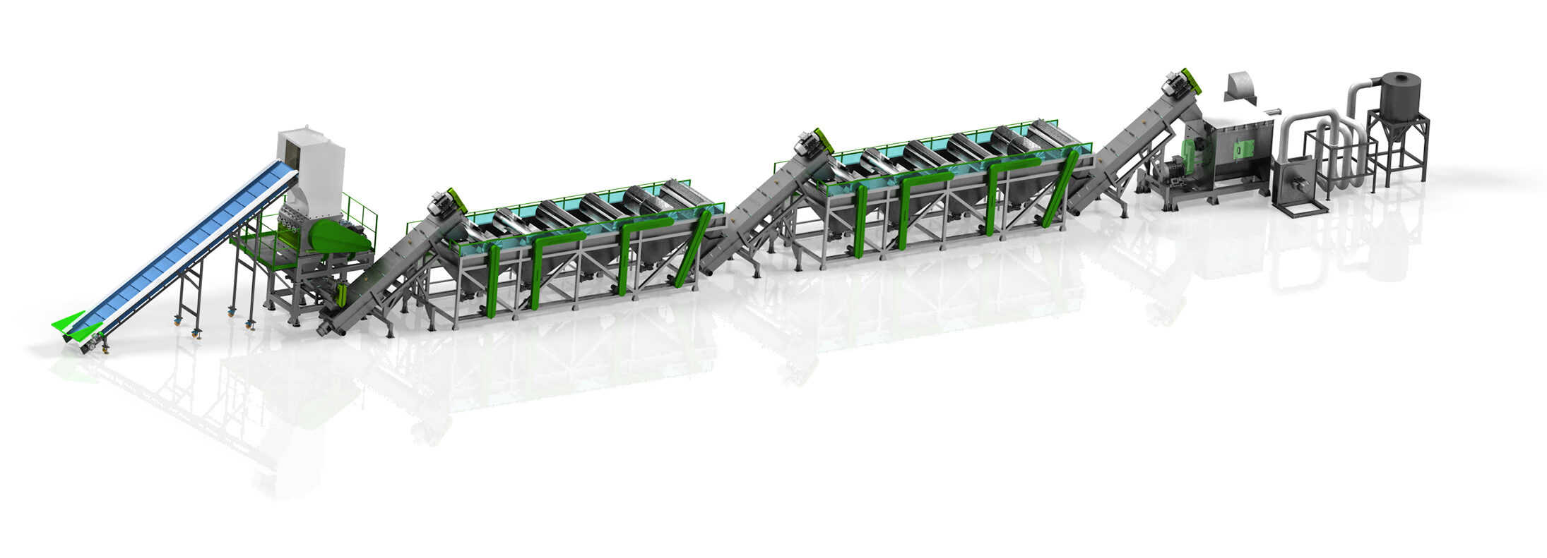 Full layout render of a soft film washing line, from the inclined infeed conveyor and wet crusher through two washing tank sections to the dewatering, pipe drying and cyclone units