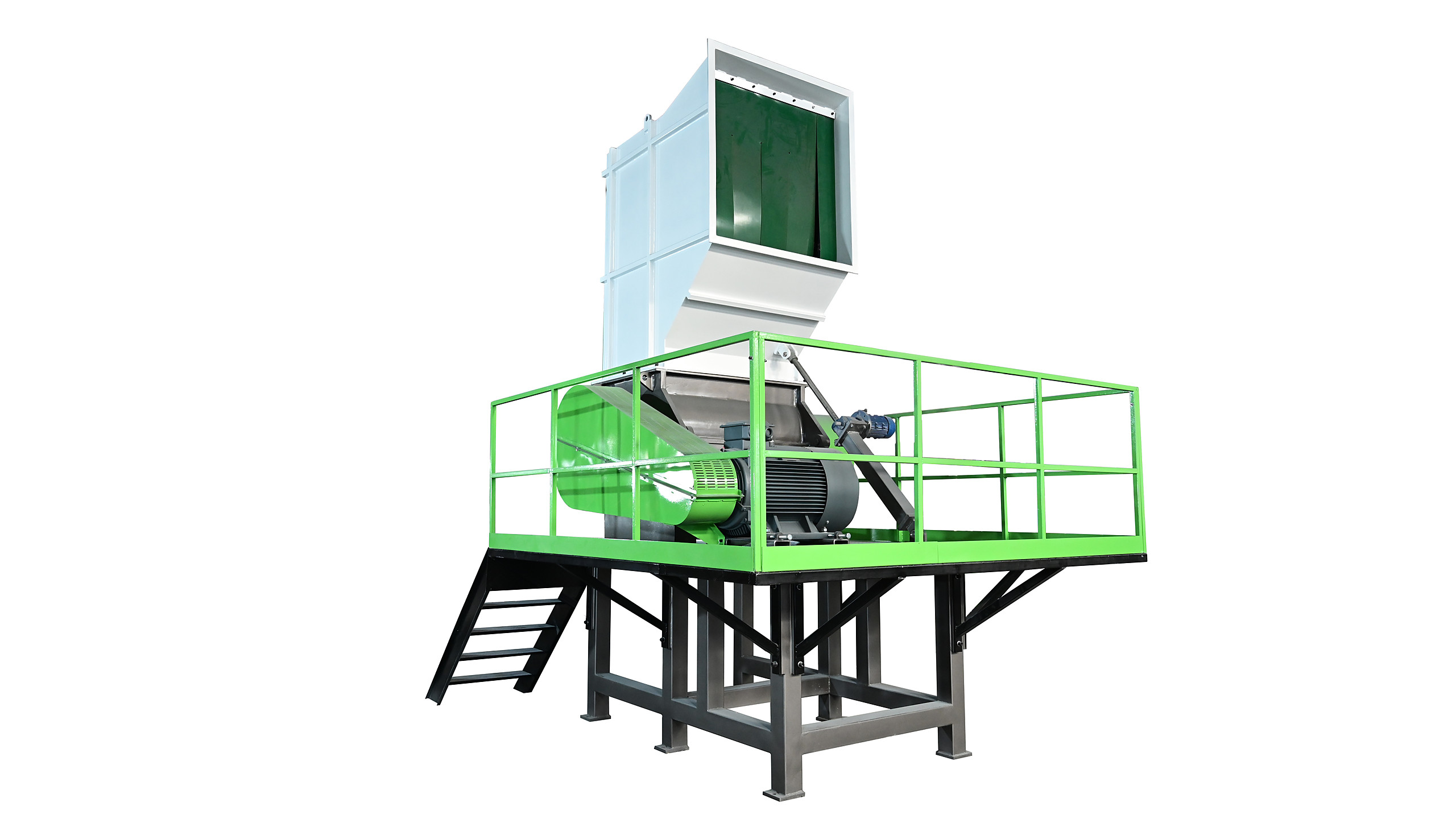 Green wet crusher on a steel stand with an access platform, ladder, guardrails and a large top feed hopper