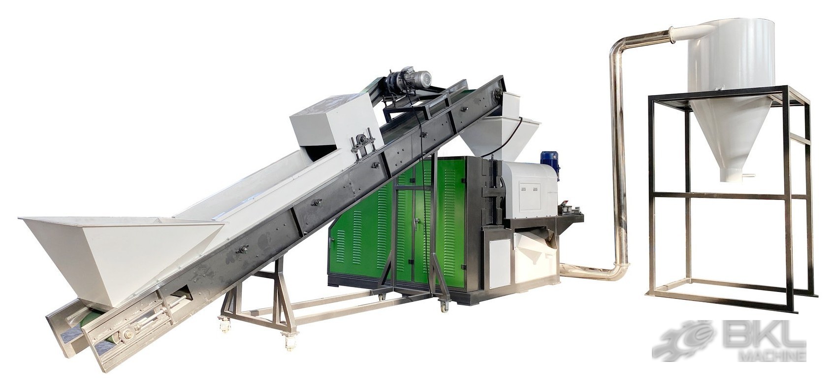 Plastic squeezer dryer fed by an inclined belt conveyor, with cyclone silo and control cabinet alongside