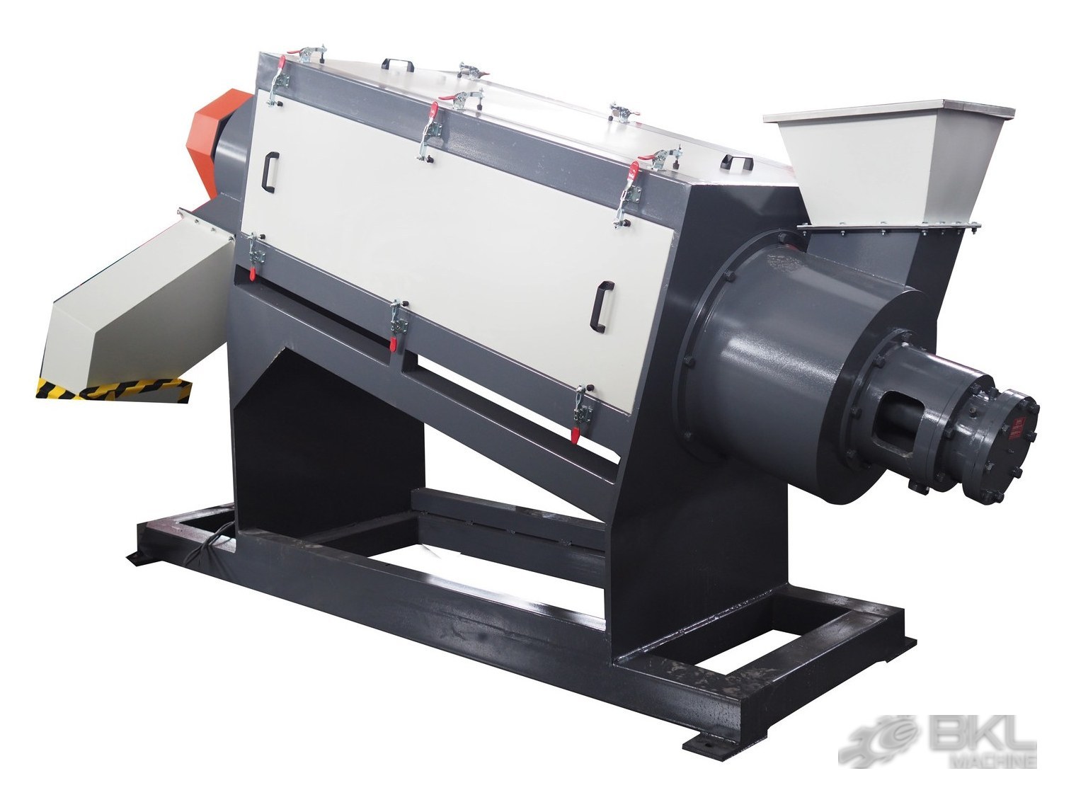 Inclined friction washer with bolted bearing housing, stainless feed hopper and hazard-marked outlet chute