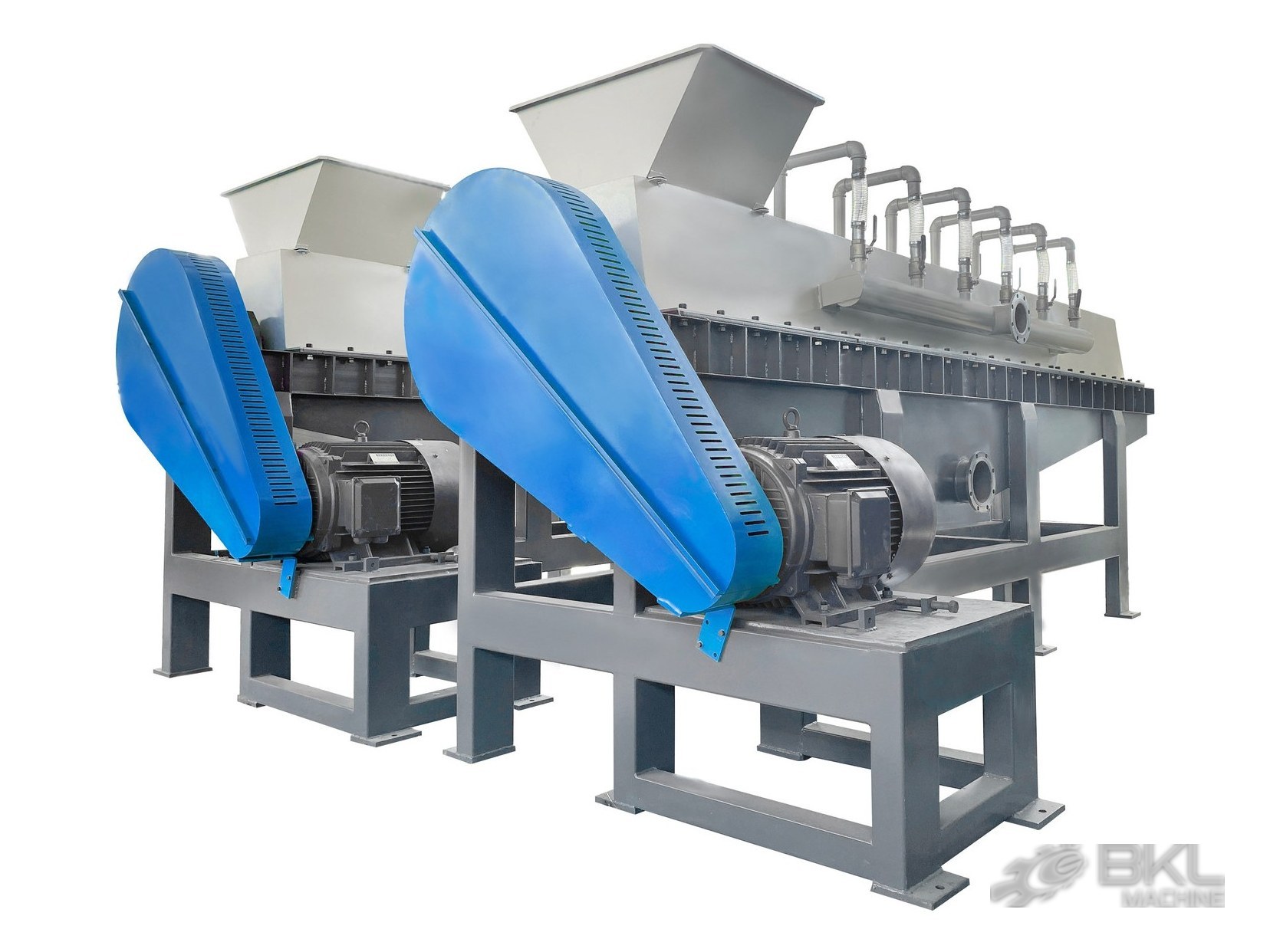 Two strong friction washers in parallel with blue belt guards and a row of spray water inlets