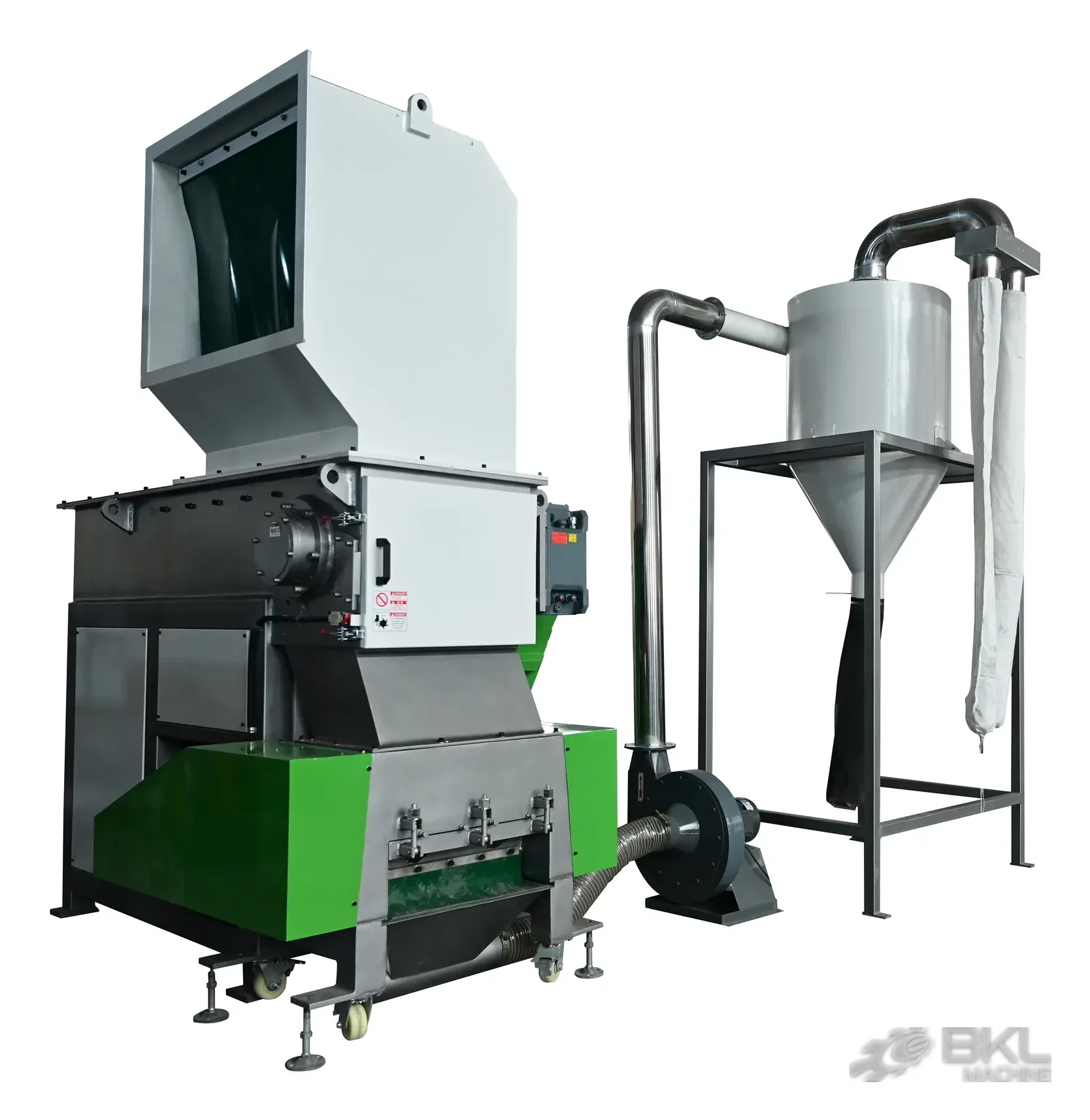 Shredder and crusher combined unit in green and white with blower, cyclone silo and fabric collection bag
