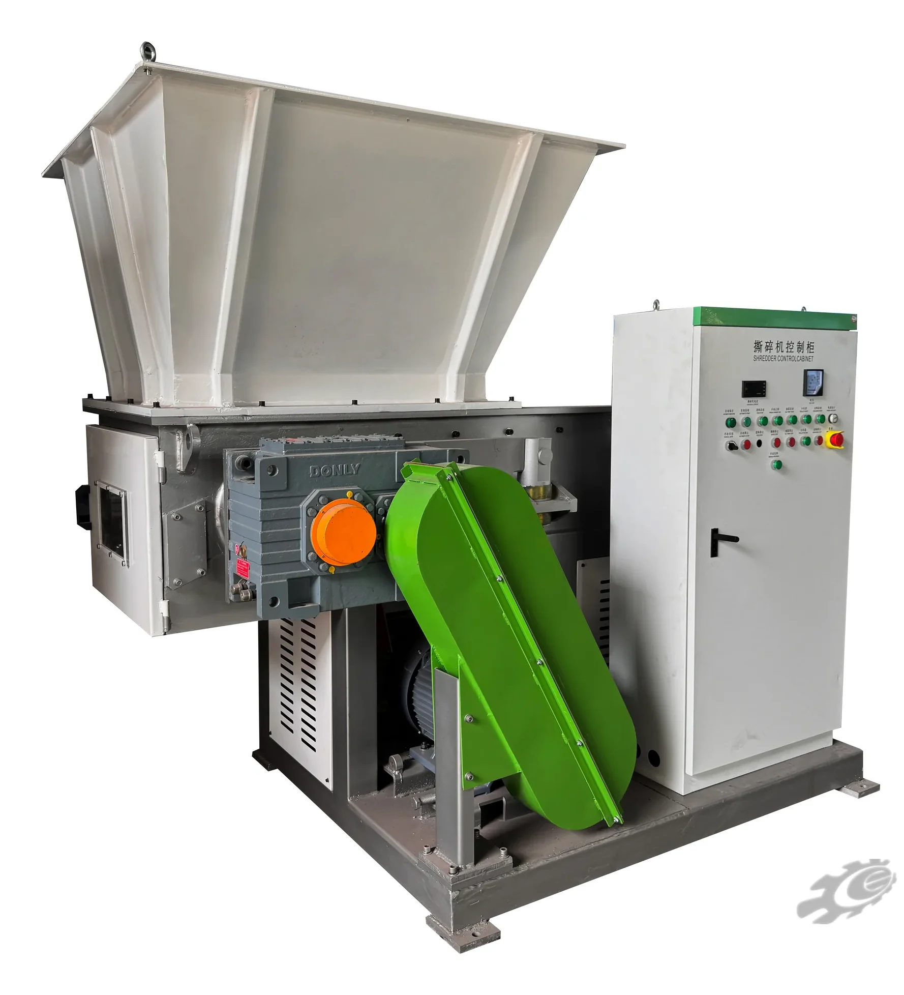 SS600 single-shaft shredder with flared feed hopper, green belt guard and separate control cabinet