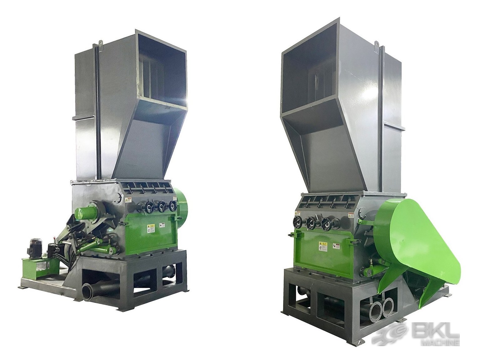 HVC crusher seen from both sides showing the hydraulic hopper lift and the belt guard