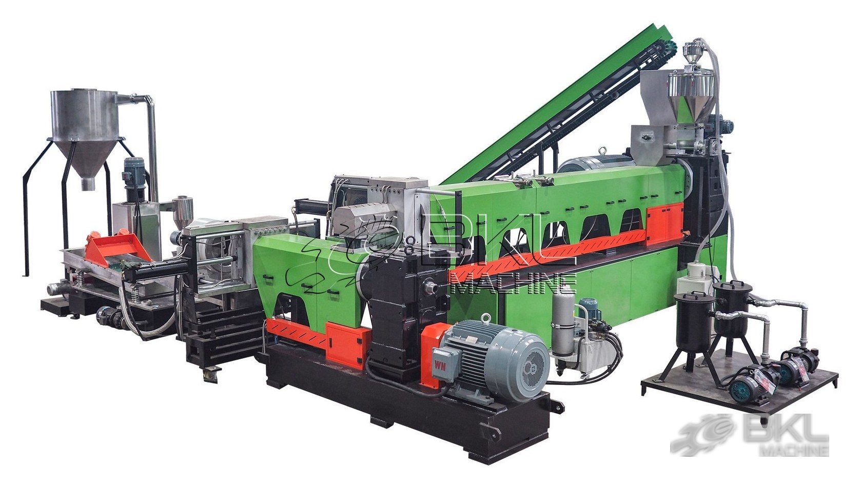 Green and orange two-stage pelletizing line with infeed belt conveyor, vacuum degassing unit and silo