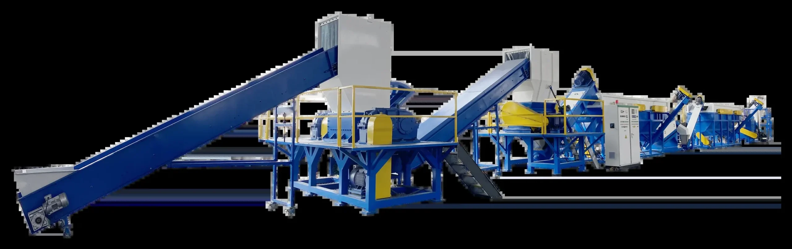 Full layout render of a rigid plastic washing line, with the inclined infeed conveyor at one end and the washing, dewatering and drying units arranged in a single straight run.