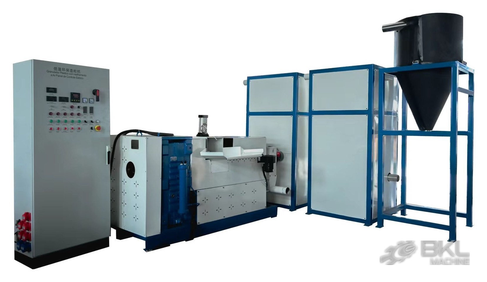 Complete LTG mini granulator set with control cabinet, extruder, air cooling cabinet and cyclone collector