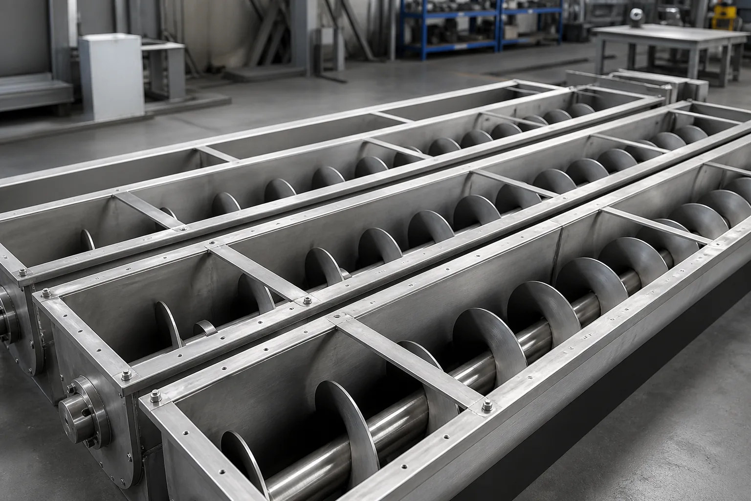 Two open stainless steel screw conveyor troughs with helical augers inside, drive shaft flanges at the near end, standing on a workshop floor
