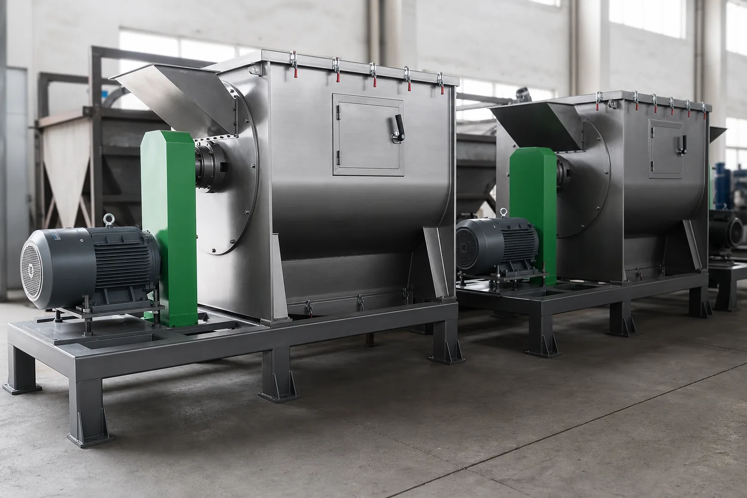 Two horizontal centrifugal dewatering machines side by side, each with a stainless drum housing, inclined feed chute, hinged inspection door and a belt-drive motor on a steel base frame
