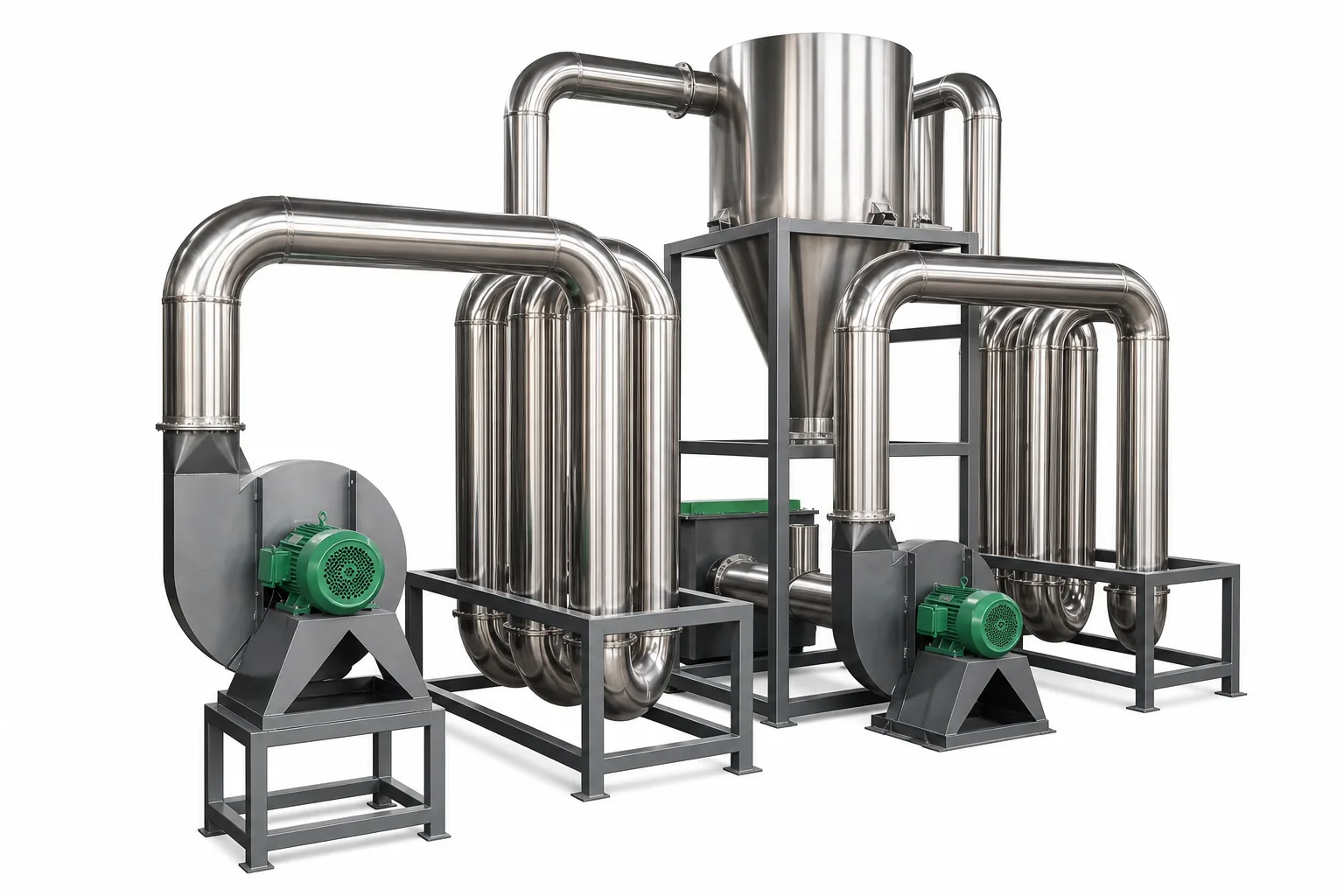 Pipe drying system with two banks of vertical stainless U-bend tubes, curved elbow ducts, two centrifugal blowers on steel stands and a cyclone separator with a conical bottom between them