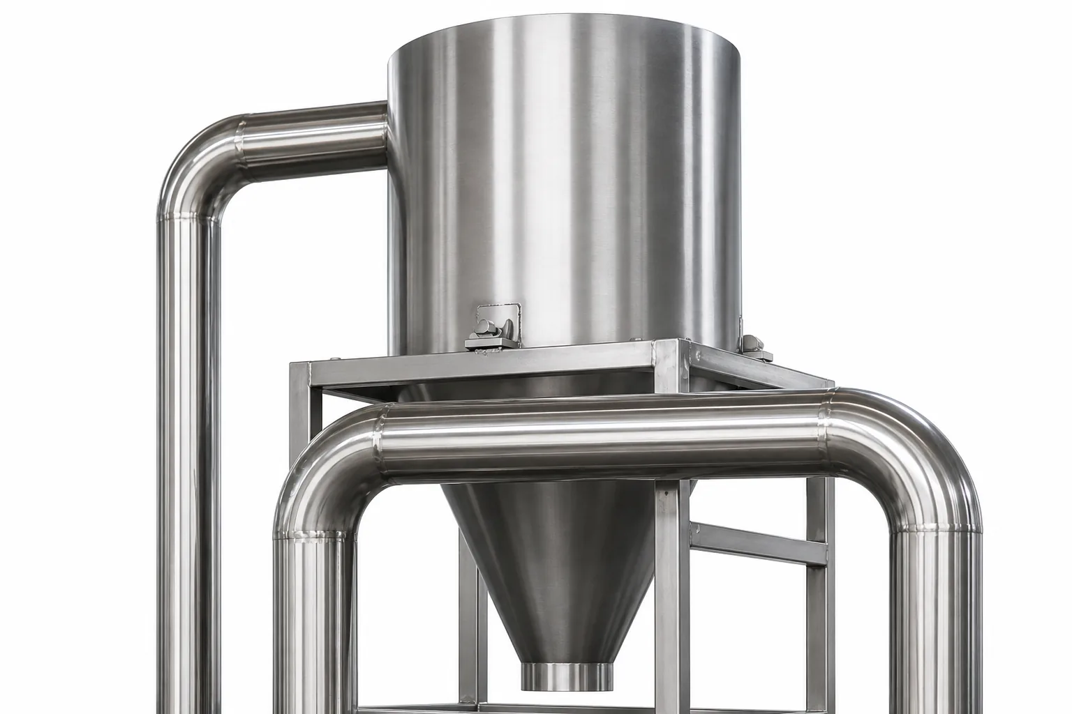 Brushed stainless steel storage silo with an open flat top and a steep conical discharge cone, mounted on a welded steel frame with stainless transfer pipes running up one side and beneath the cone