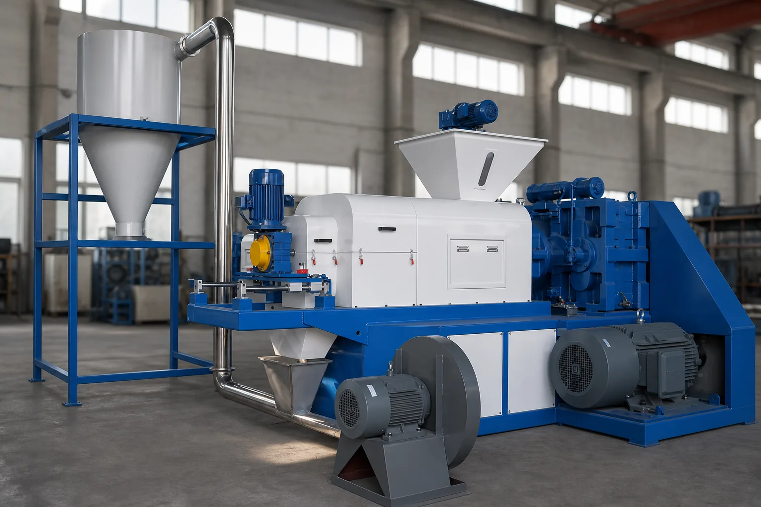 Plastic squeezer dryer with a long white barrel housing on a blue steel base frame, gearbox and drive assembly at one end, feed hopper on top, two floor-mounted motors and a cyclone separator on a separate frame alongside