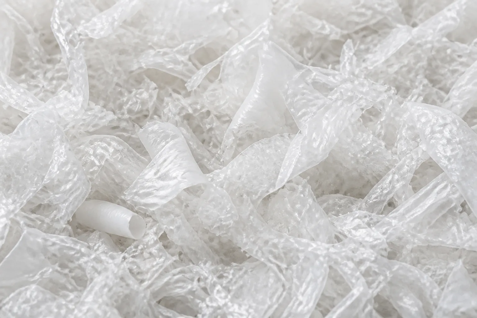 Close-up of torn thin film fragments after washing, showing flat creased surfaces, sharp torn edges and semi-transparent overlapping layers.
