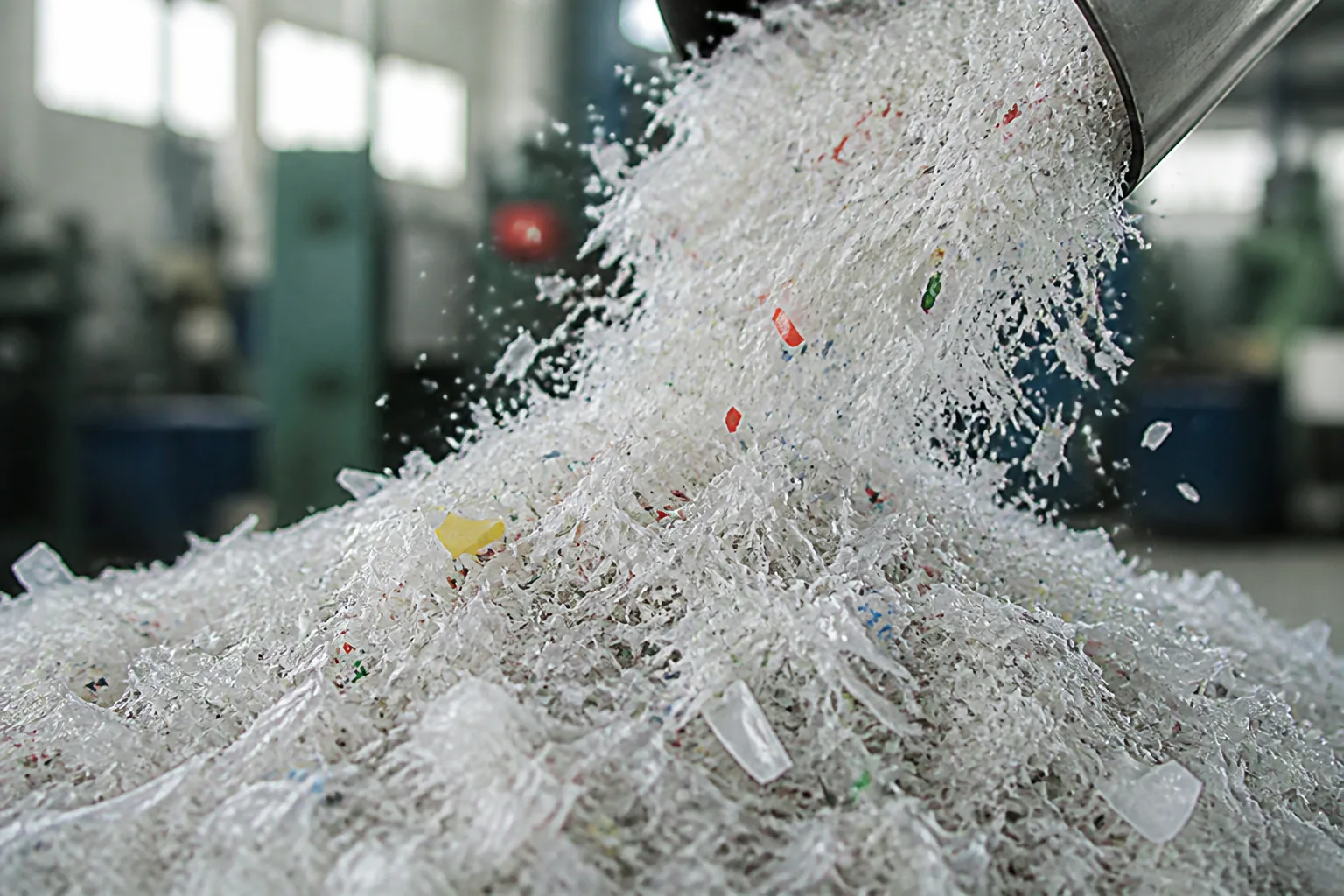 Cleaned film flakes cascading from a stainless steel chute into a loose mound, small red and yellow print specks visible against a blurred plant interior.