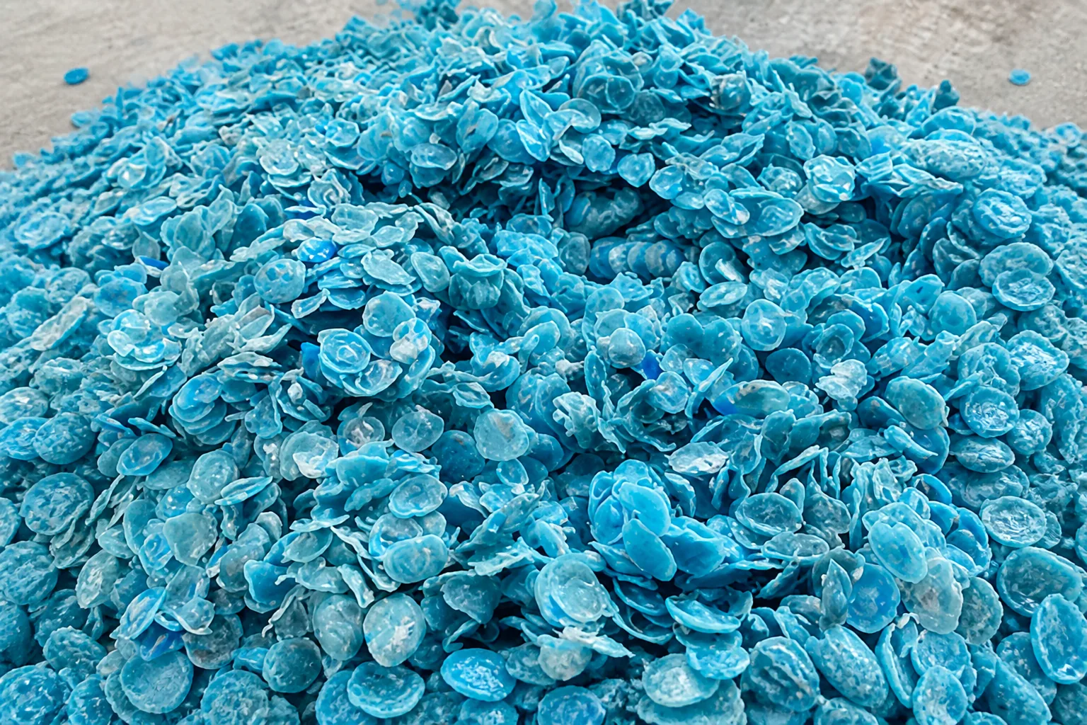 Heap of washed bright blue plastic film flakes curled into small cupped pieces on a grey concrete floor.